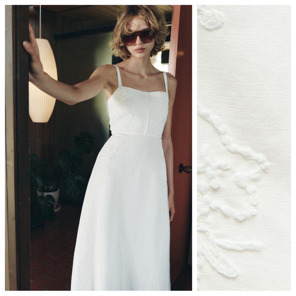 NWT. Zara ZW Collection Oyster-White Embroidered Midi Dress. Size XS. - Picture 3 of 15